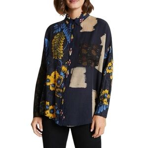Desigual Vardar Artsy Embroidered Long Sleeve Button Down Shirt Medium Blue